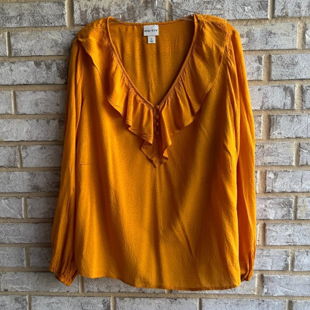 AVA & VIV Long Sleeve V-Neck Ruffled Mustard Blouse Size 1X